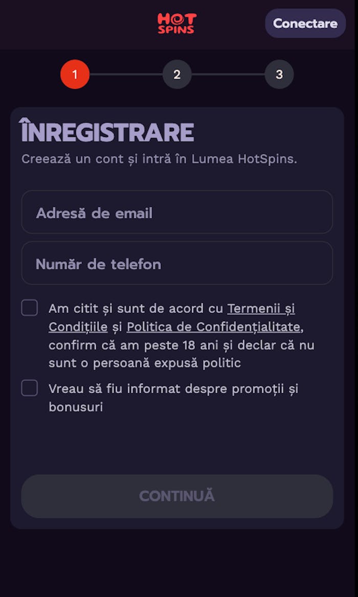 Pagina de înregistrate a cazinoului Hot Spins.