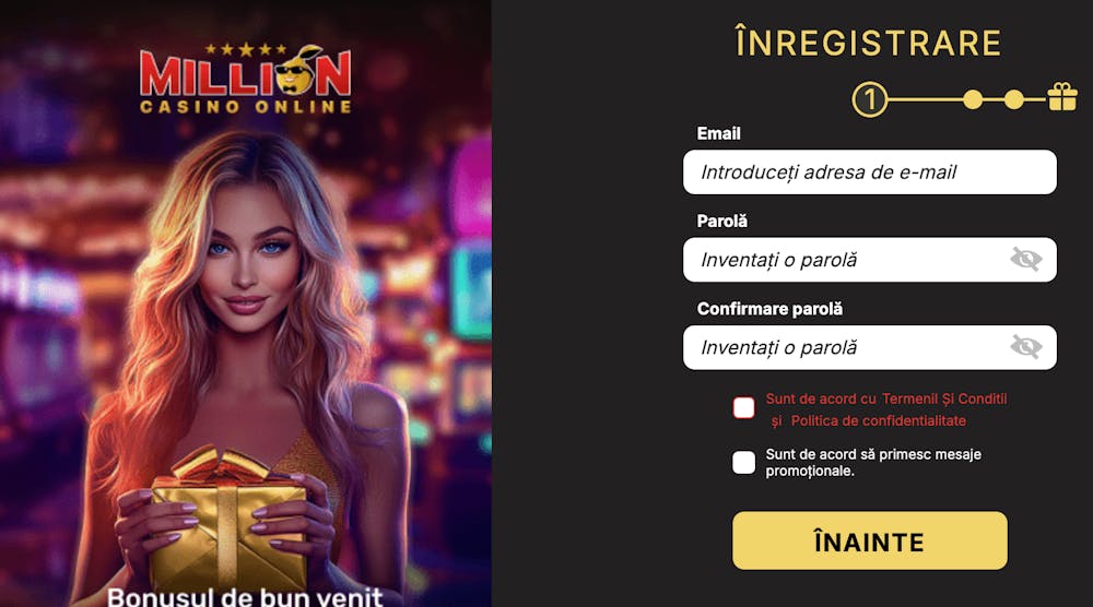Primul pas în pagina de înregistrare cont nou la Million Casino.