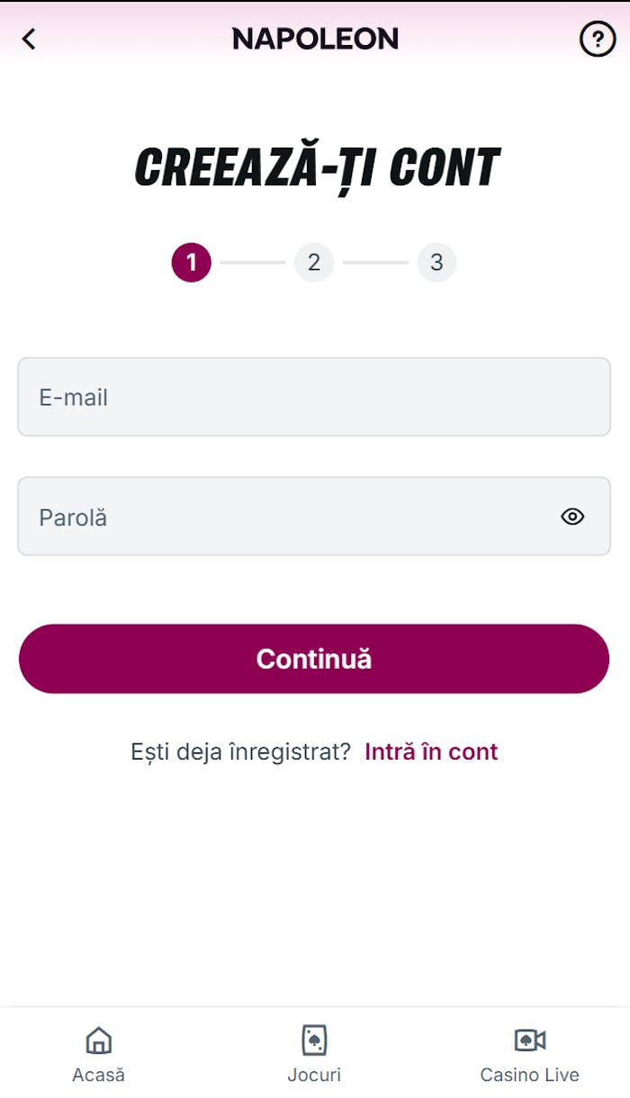 Formular de creare cont Napoleon casino.
