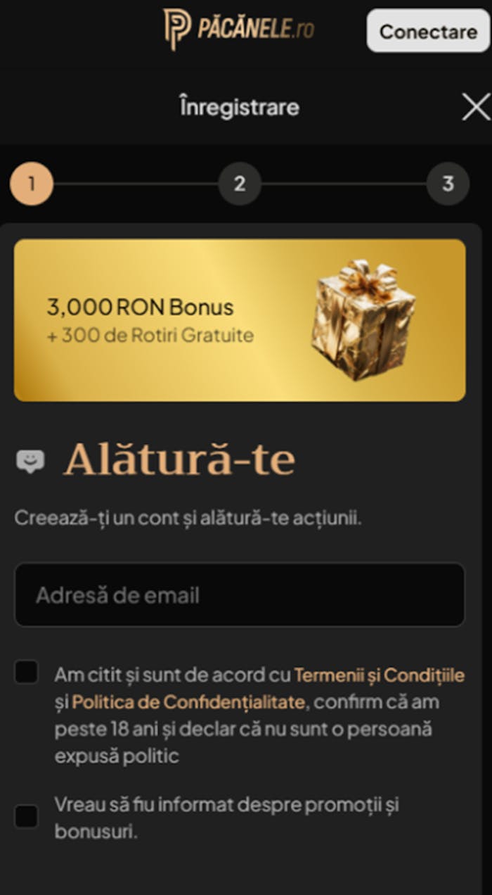 Pagină cu procesul de înregistrare la Păcănele Cazino.