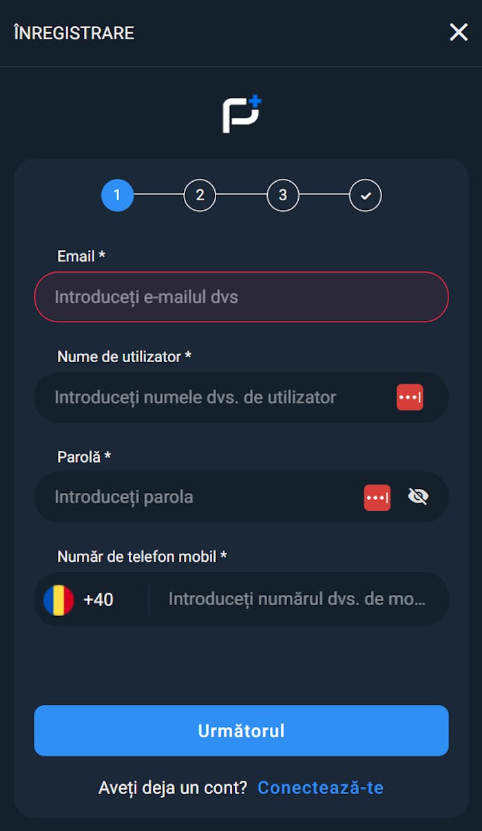 Înregistrare cont nou pe PariuriPlus Ro cu date cont și mobil.