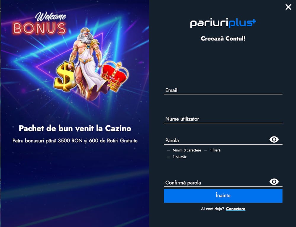 Pagina de înregistrare la PariuriPlus.
