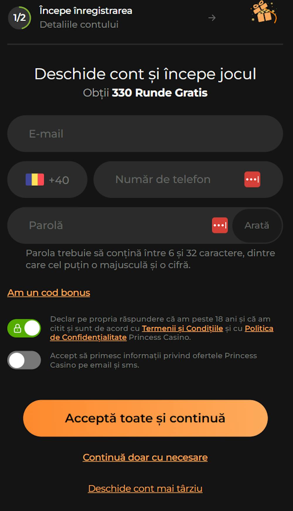 Unde introduci un cod bonus Princess casino în formularul de înregistrare.