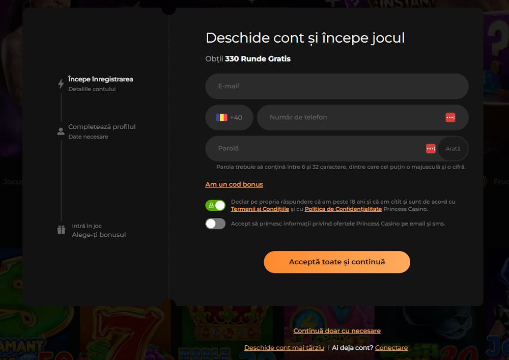 Primele date pe care trebuie să le completezi în formularul de înregistrare Princess casino.