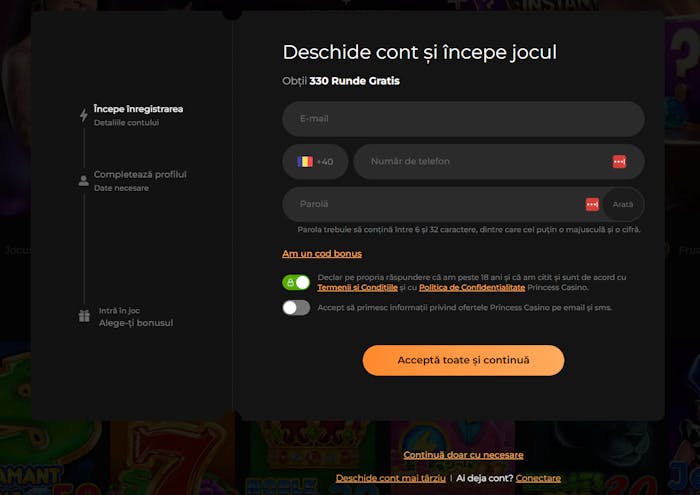 Primele date pe care trebuie să le completezi în formularul de înregistrare Princess casino.