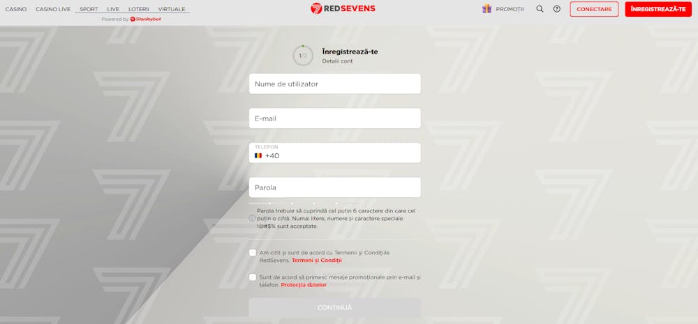 Pagina de înregistrare de la RedSevens casino.