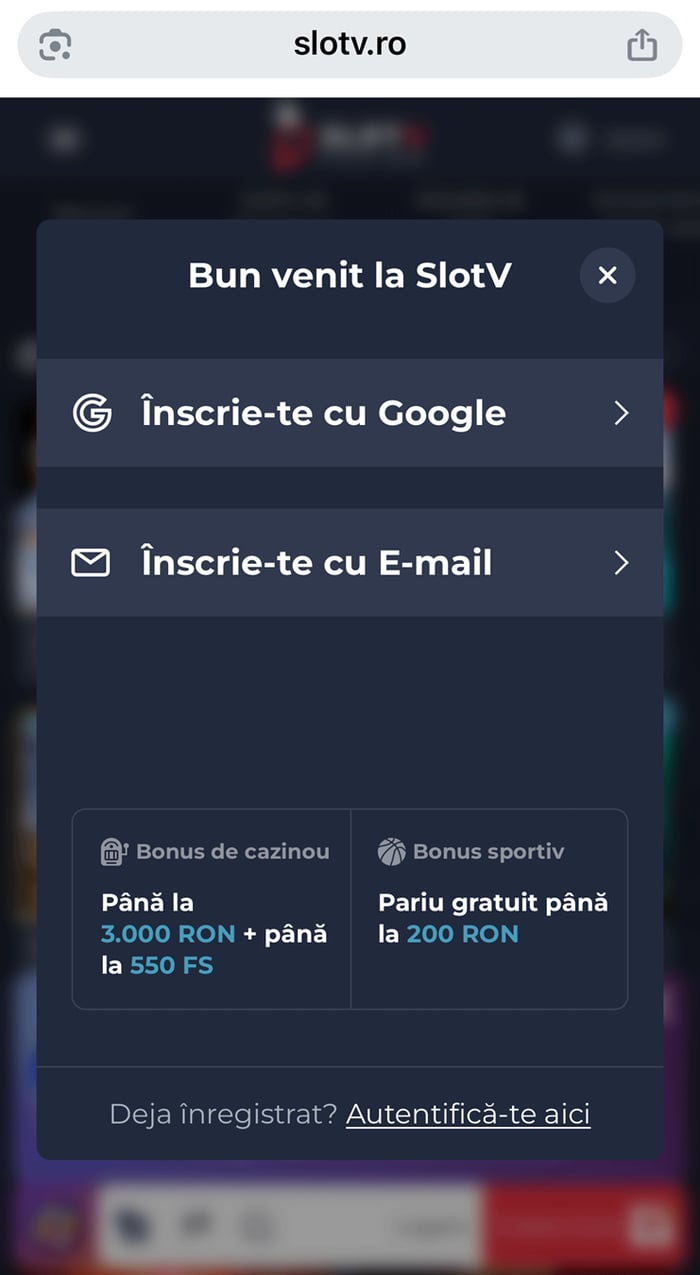 Procedura de înscriere jucător nou la SlotV casino.