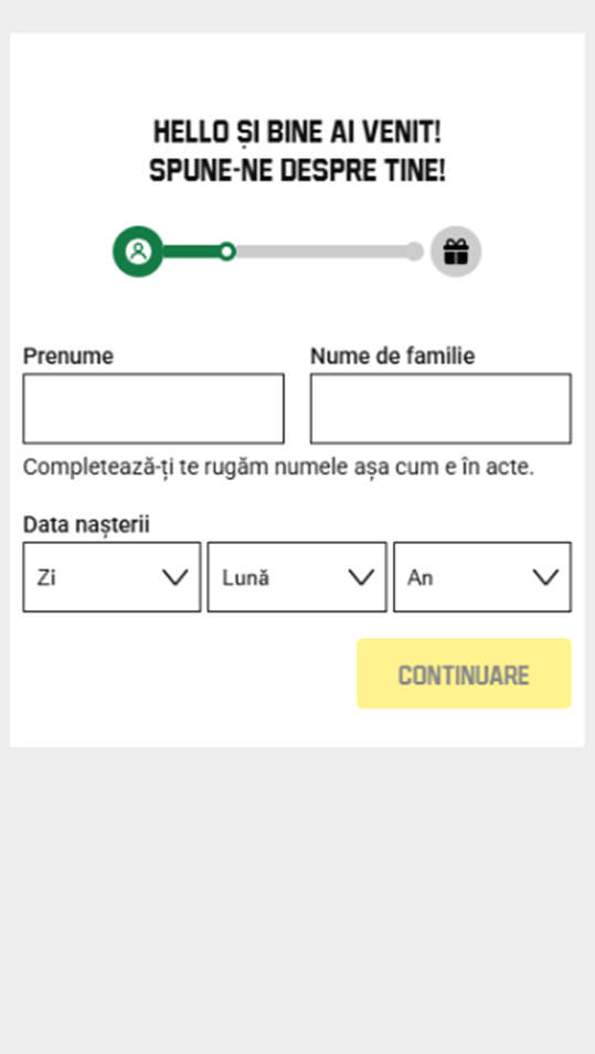 Formular de înregistrare la cazino Unibet România.
