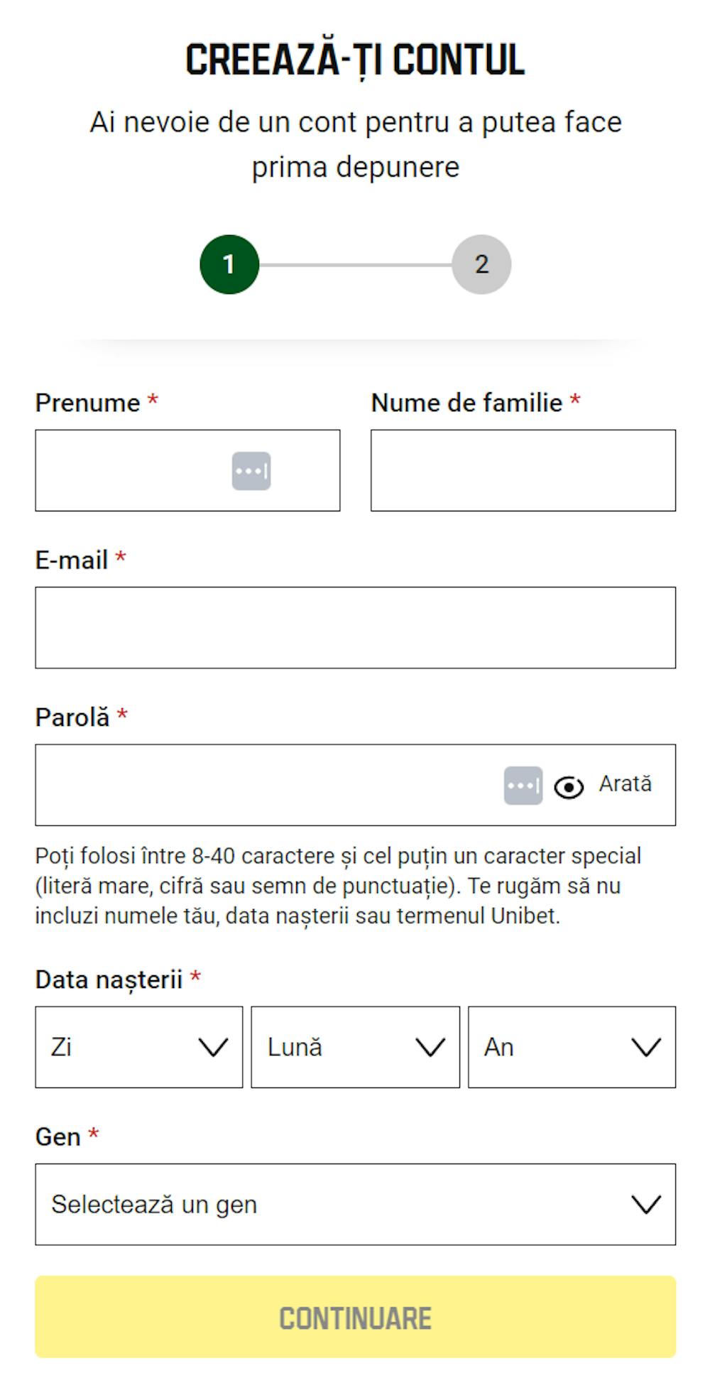Formularul de înregistrare pe platforma Unibet.