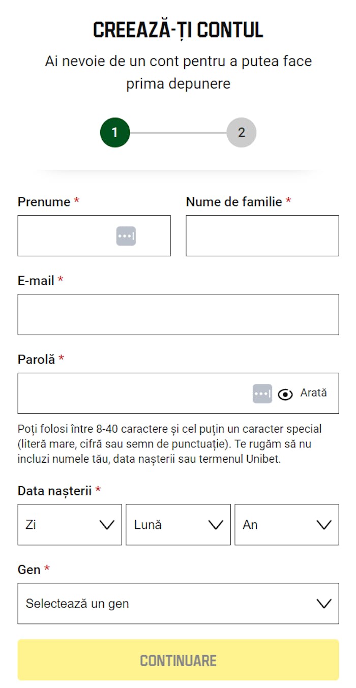 Formularul de înregistrare pe platforma Unibet.