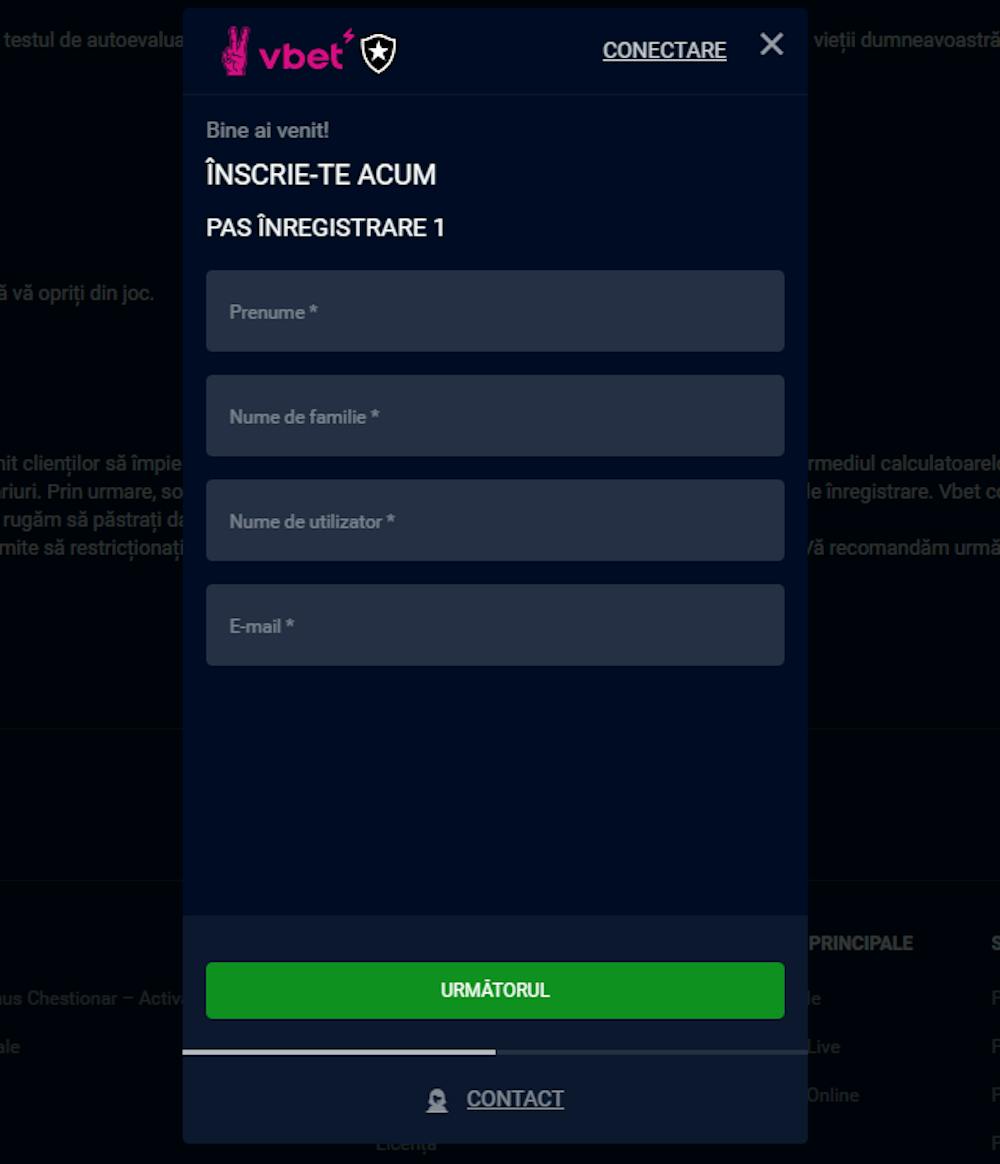 Procesul de înregistrare de la VictoryBet casino.
