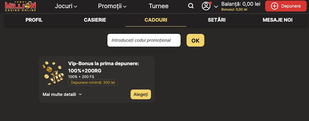 Pagina în care poți introduce un cod bonus la Million casino.