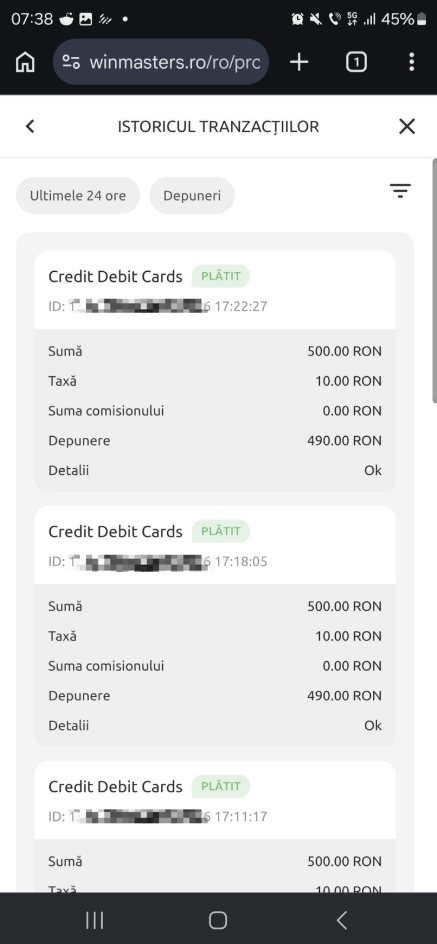 Istoricul meu cu depuneri pentru coduri bonus Winmasters.