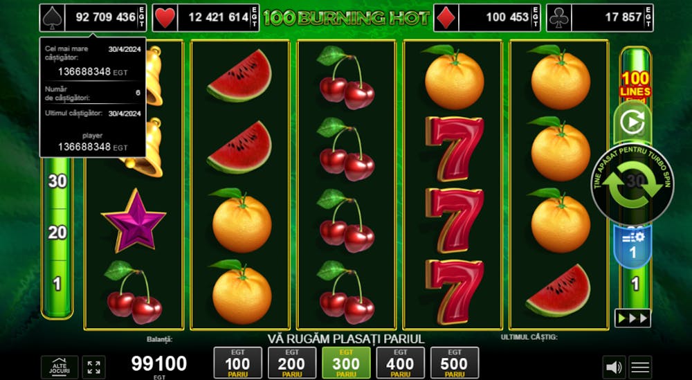 Exemplu de joc cu șeptari cu jackpot progresiv, 100 Burning Hot unde, în partea superioară a ecranului se pot oberva cele 4 nivele de jackpot, spada, inimă roșie, romb și treflă precum și ultimele câștiguri încasate de jucători.