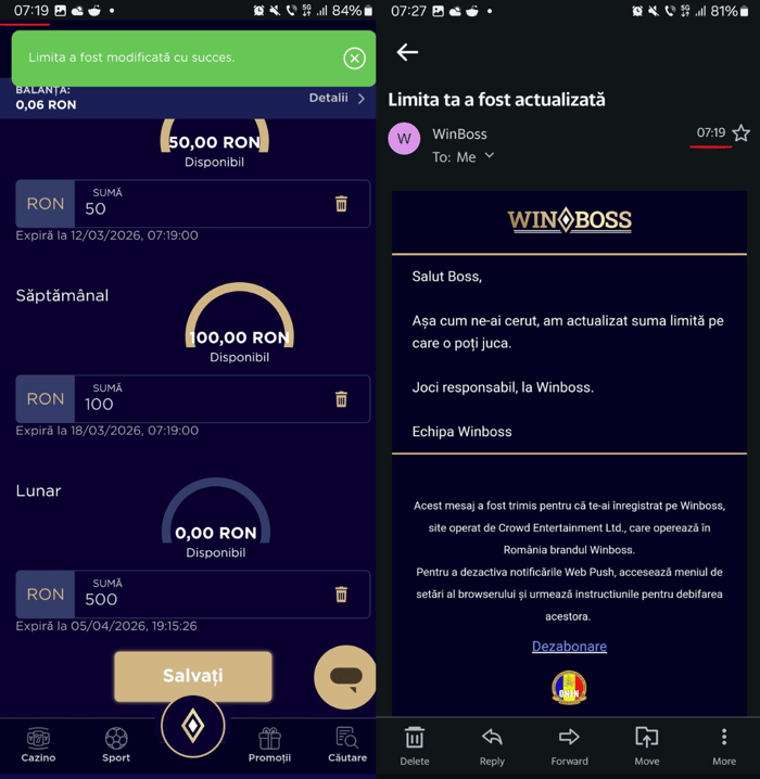 Winboss joc responsabil exemplu de limitare și confirmare mail