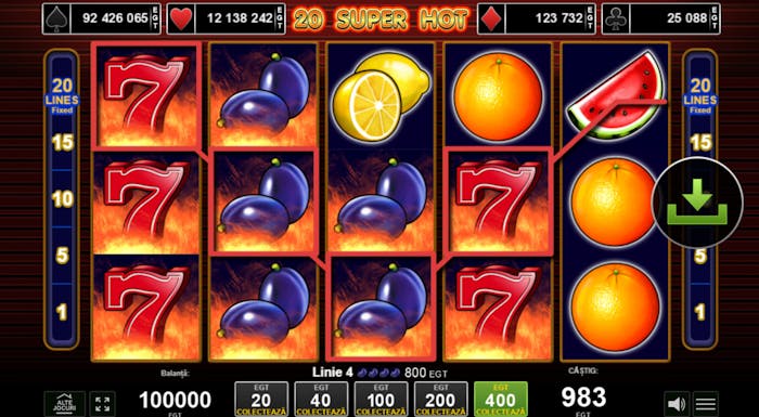 Imaginea surprinde un moment palpitant din jocul online, unde simbolurile şeptari joacă un rol crucial în obținerea unui câștig semnificativ. Septarii pică pe rola 1, 2,3 și 4 și sunt simboluri wild în 20 Super Hoţ. Reușesc să se îmbine cu simbolurile cu fructe pe miza de 400 EGT pentru a forma un câştig.