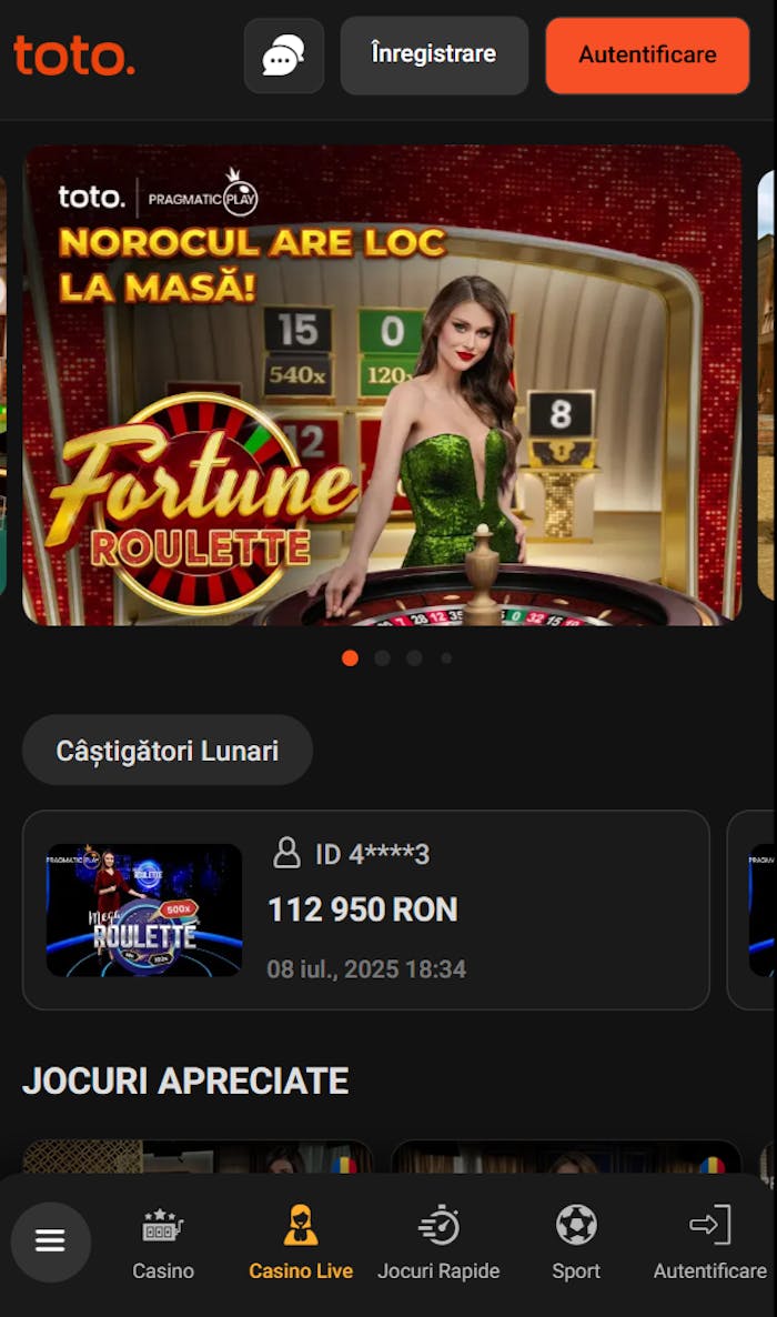 Exemplu de joc popular de la Toto Casino cu dealeri și câștiguri afișate de peste 112950 RON.
