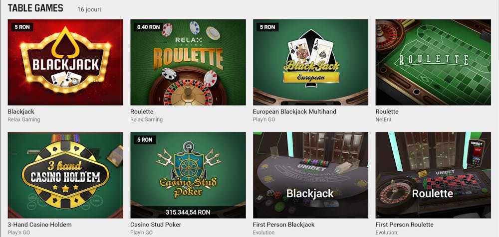 Blackjack, ruletă și poker, printre jocurile de masă disponibile la Unibet.
