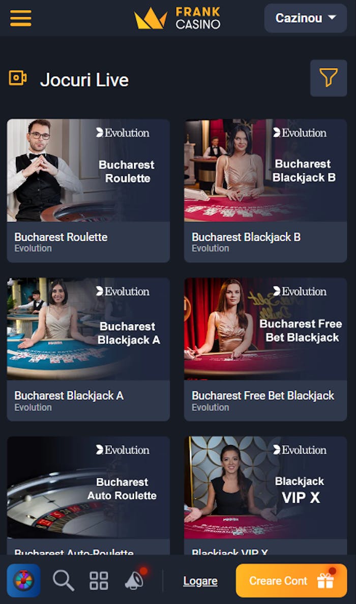 Selecția de jocuri Frank Casino Ro cu blackjack live.