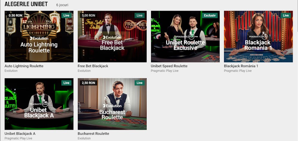 O selecție de jocuri live oferită de Unibet.