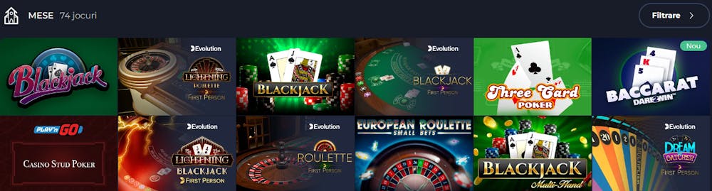 Pagina cu jocuri de masă conține opțiuni ca blakcjack, poker sau ruletă.