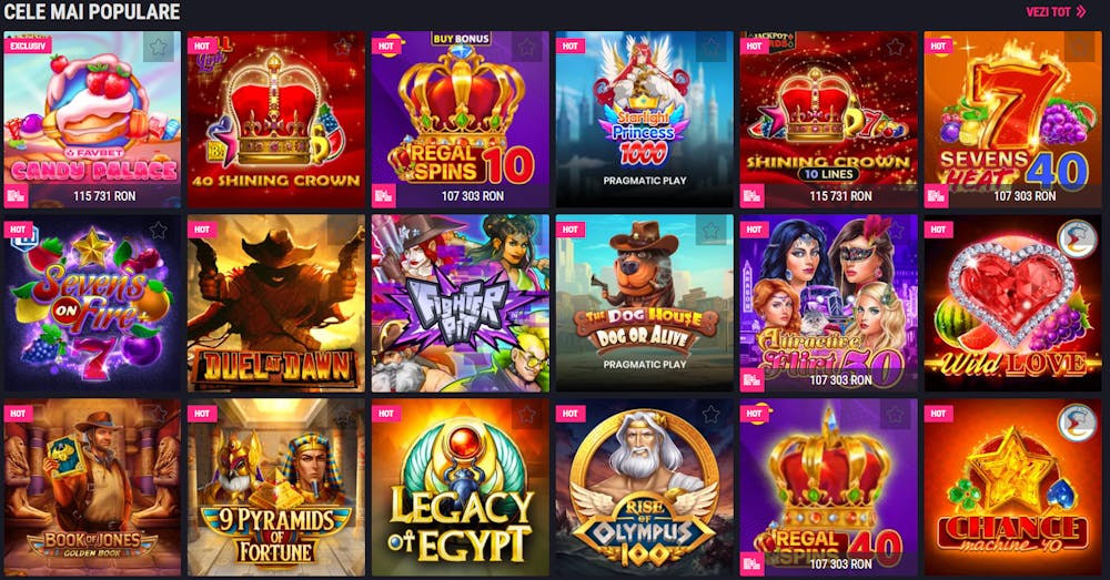 Toată selecția de jocuri de pacanele de la Favbet casino.
