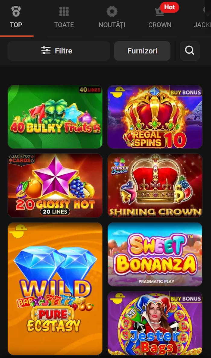 Selecția de jocuri de la Toto Gaming Romania cu sloturi de top ca Shining Crown.