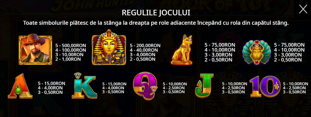 Plata simbolurilor jocului John Hunter and the Book of Tut pe miza de 1 RON