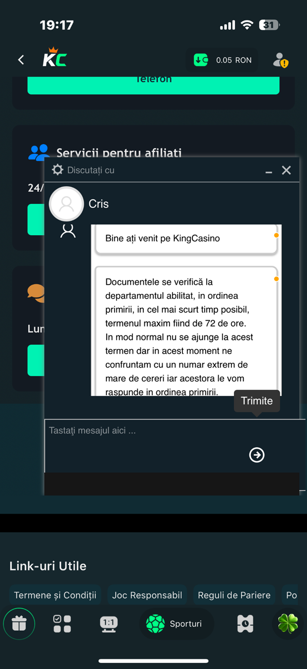 Asistență pentru clienți live chat la King Casino.