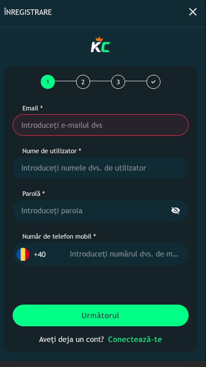 Formular înregistrare la cazinoul online King Casino.