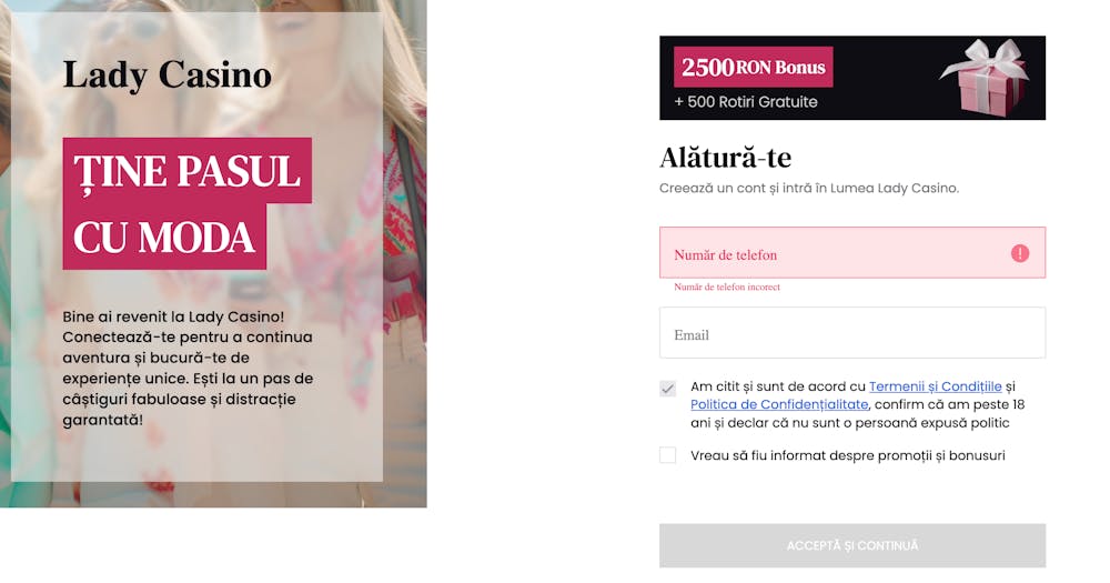 Primul pas pentru a te înregistra la Lady Casino constă în completarea telefonului și a adrese de email. 