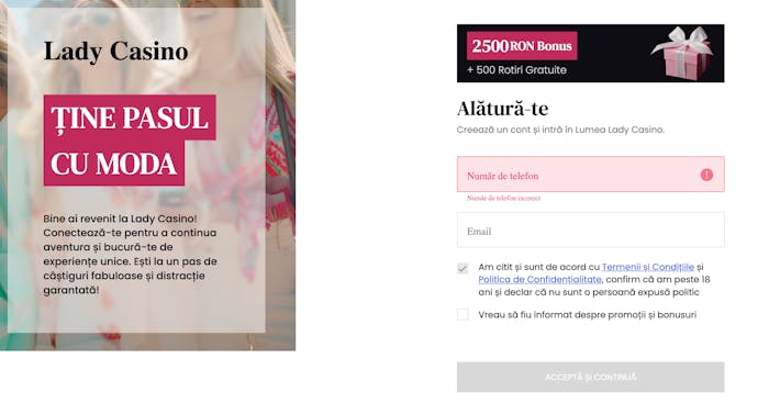 Primul pas pentru a te înregistra la Lady Casino constă în completarea telefonului și a adrese de email. 