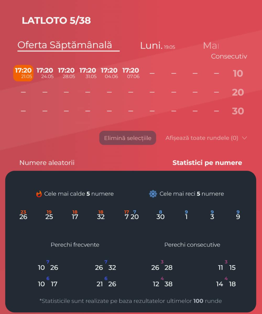 Oferta săptămânală LAT Loto 5/38 și numere calde și numere reci.