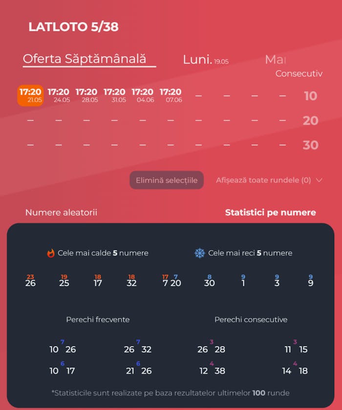 Oferta săptămânală LAT Loto 5/38 și numere calde și numere reci.