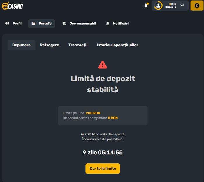 Ce se întâmplă dacă vrei să depui bani pe Prima Casino dar ai limitele de joc responsabil active.