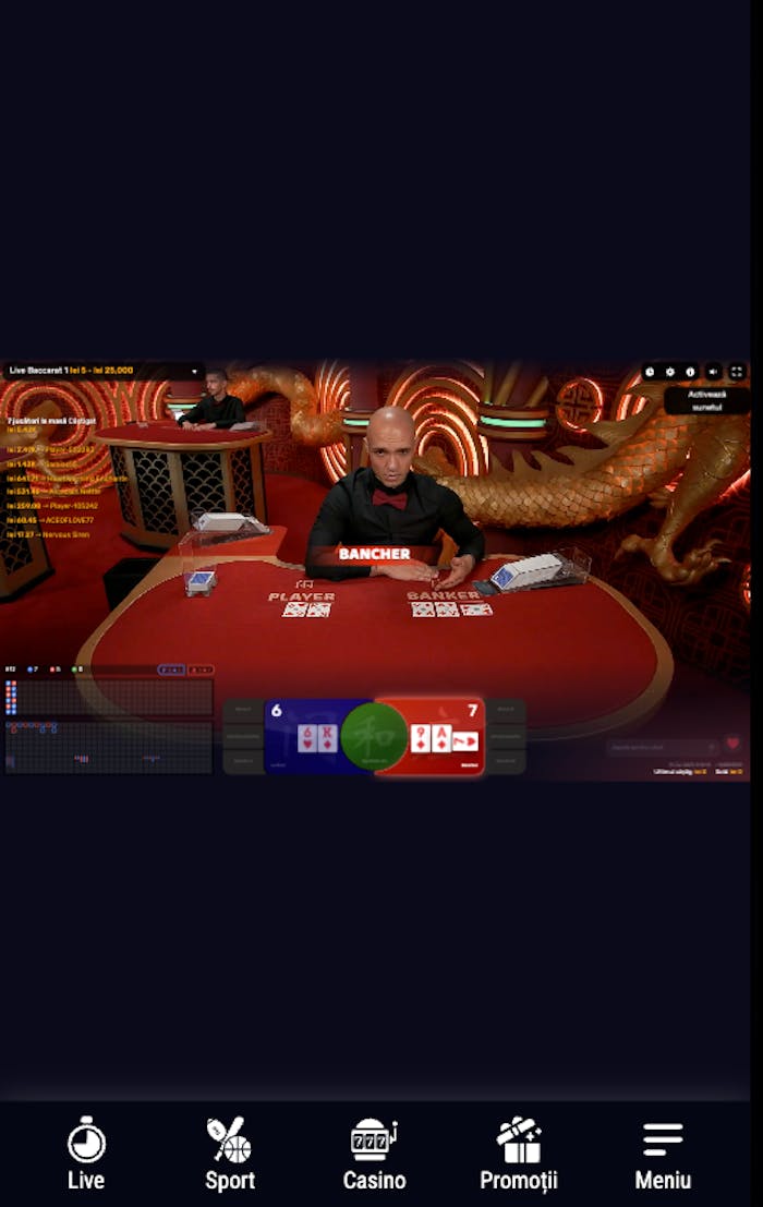 Masă de baccarat din cadrul unui live casino.