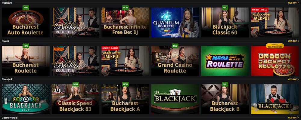 Imagine din care se pot observa mesele live casino eFortuna cu jocuri populare de ruletă și blackjack. În imagine sunt prezente jocuri ca Bucharest Auto Roulette sau All Bets Blacjack Live. 