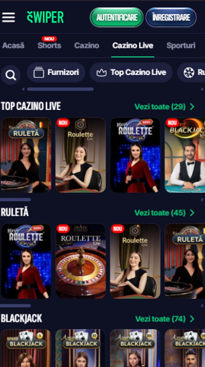 Secțiunea de cazino live de la cazinoul online Swiper.