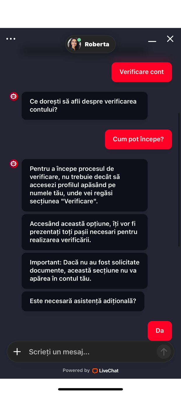 Conversație cu un agent de tip AI la Maxbet Casino.