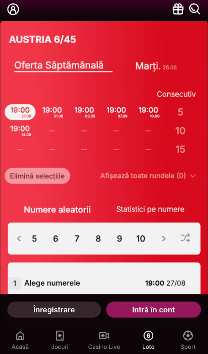 Interfața la loto Austria 6/45. 