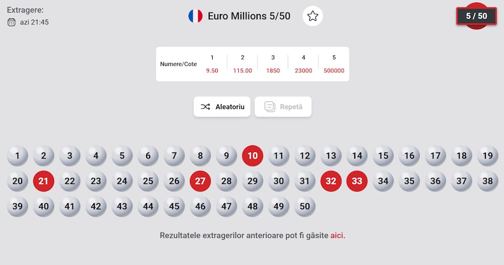 Interfață Euro Millions 5/50 unde poți să alegi numerele dorite.