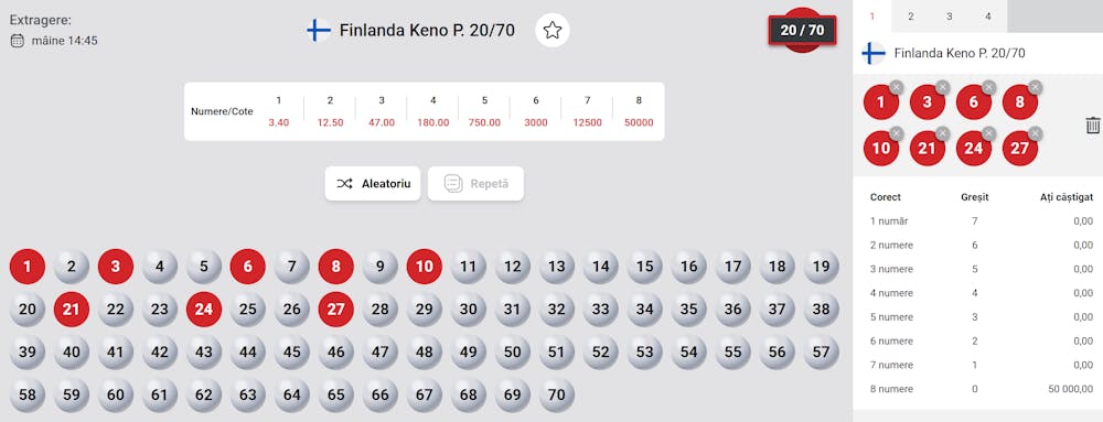 Interfață Finlanda keno P. și exemplu bilet.
