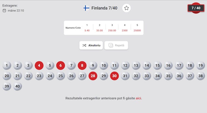 Interfața Finlanda 7/40 unde poți să selectezi numerele dorite.