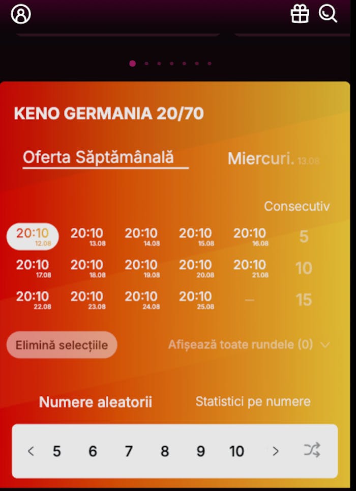 Interfață Germania Keno 20/70 la Superbet.
