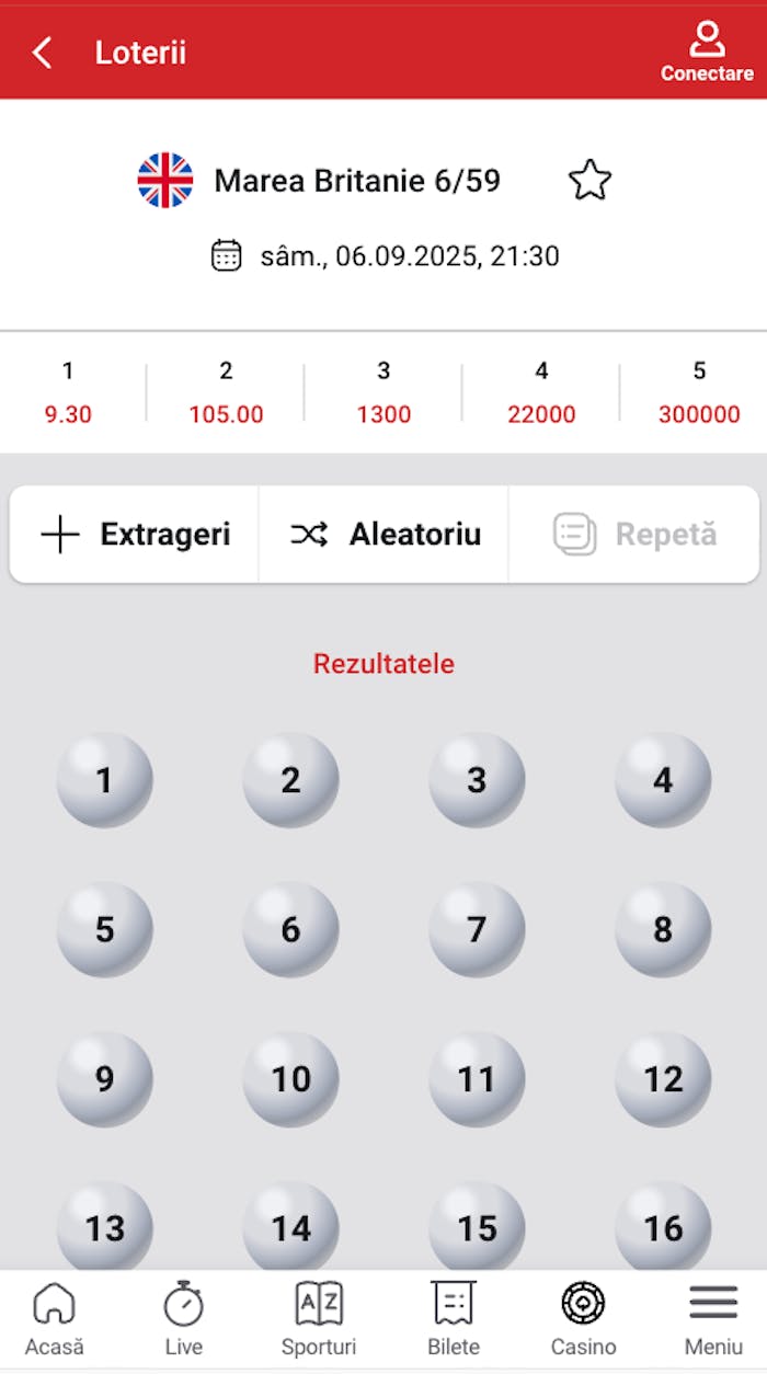 Interfața Marea Britanie de pe Casa Pariurilor, 6/59 unde poți să selectezi numerele dorite.