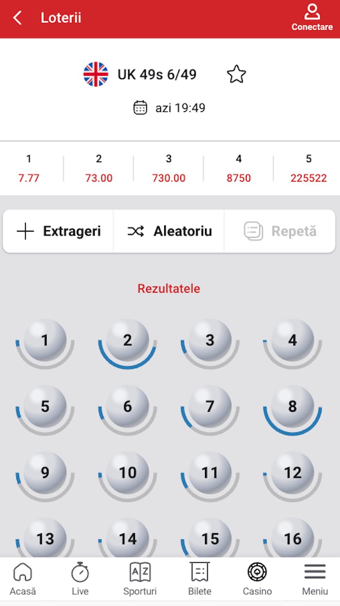 Interfața UK 49s 6/49 unde poți să selectezi numerele dorite.