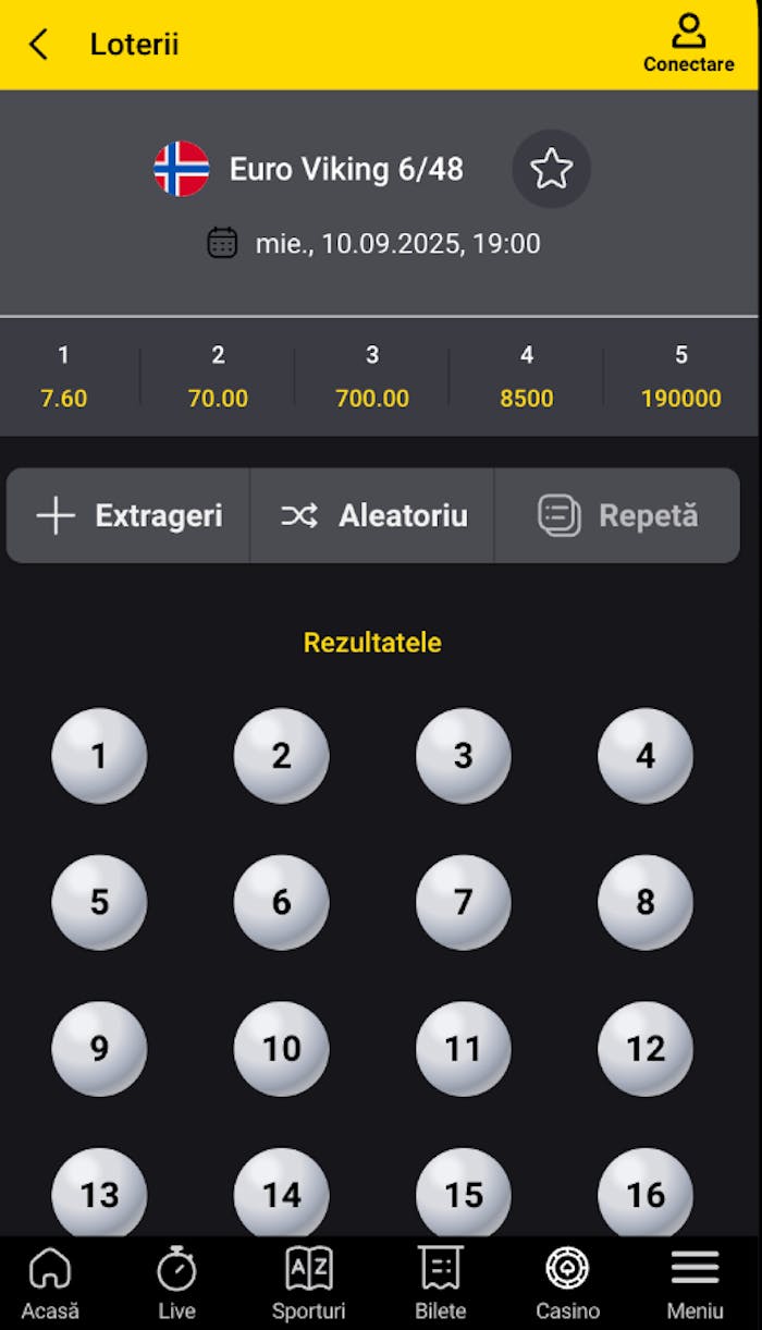 Interfața Euro Viking 6/48 cu 5 numere aleatorii.