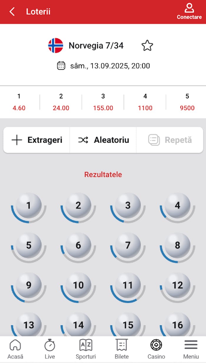 Interfața Loto Norvegia 7/34 cu 5 numere aleatorii.