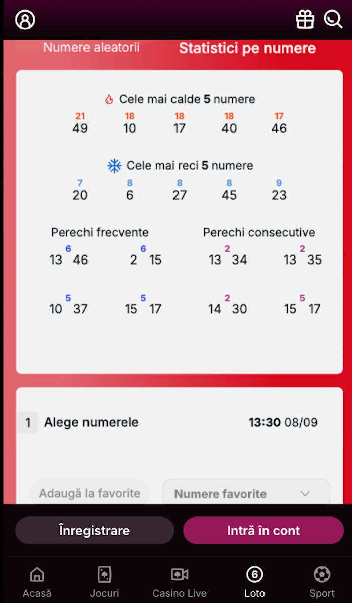 Statistică pe numere cu numărul de apariții al fiecărui număr în ultimele runde.