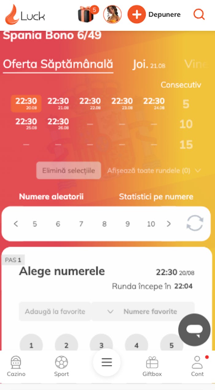 Interfață loto spania bono 6/49 cu 6 numere aleatorii.